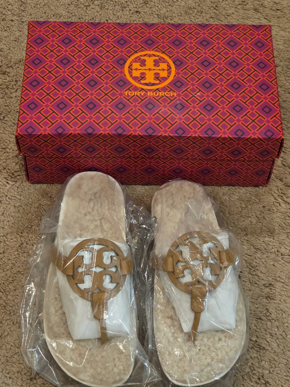 Tory Burch Tan Leather Logo Shearling Thong Sandals